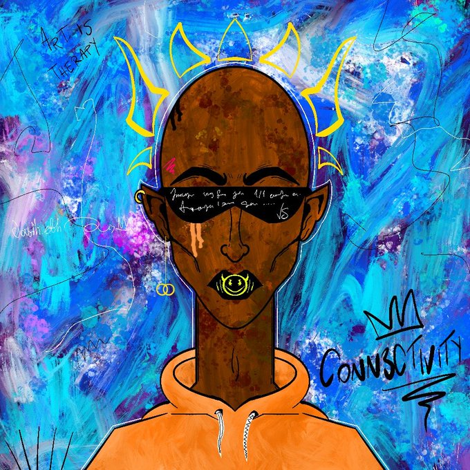 The image features a digital art piece of an afro-type person wearing sunglasses, with a crown on their head. The background has blue and purple colors that are reminiscent of a galaxy or night sky. The caption reads "GM! Friday mfrs! @Sant0s_eth thx for the 1/1 Void Saint". This suggests that the art piece is inspired by a Star Trek series, specifically the character Vulture.