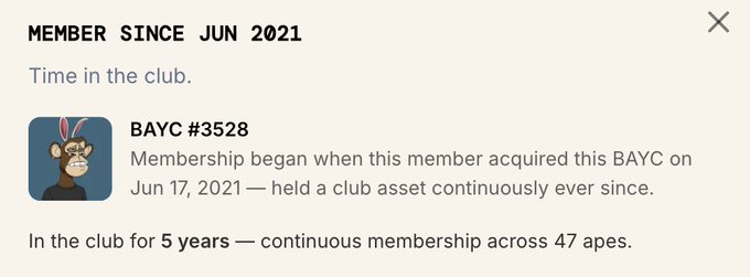 The image features a screenshot of an information display screen with text that reads "Member Since Jun 2021 Time in the club - continuous membership across 47 ages." The text appears to be about an association between a member of an online platform (such as Clubhouse) and Bayc, which is known for its content moderation services. In this particular instance, there seems to be an ongoing conversation or discussion related to the time spent on the Clubhouse account by the user.