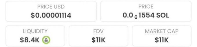 A cryptocurrency price tracker showing a token with a price of $0.00001114 USD (0.00001554 SOL), liquidity of $8.4K, and an FDV/market cap of $11K—matching the "11k mcap" low-cap meme coin being promoted in the post.