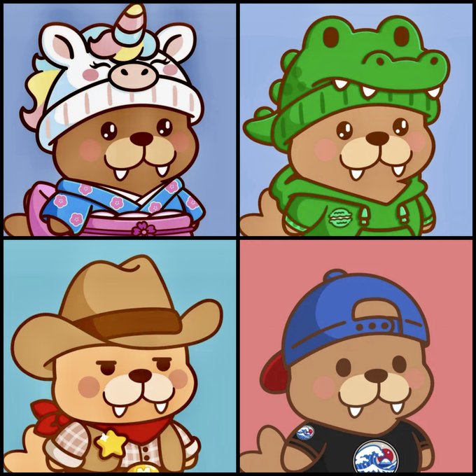 A cartoon illustration featuring four cute beaver characters in different outfits: a unicorn costume, a green crocodile hoodie, a cowboy outfit, and a baseball cap with a t-shirt.