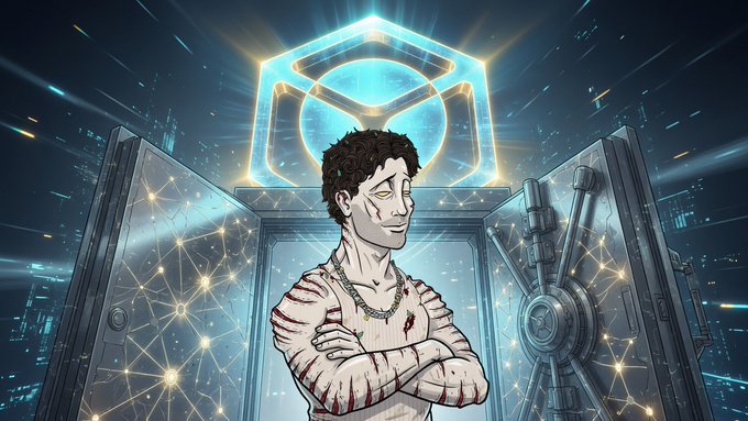 A stylized illustration shows a man with facial scarring and crossed arms standing before an open vault, illuminated by a glowing hexagonal logo above him.