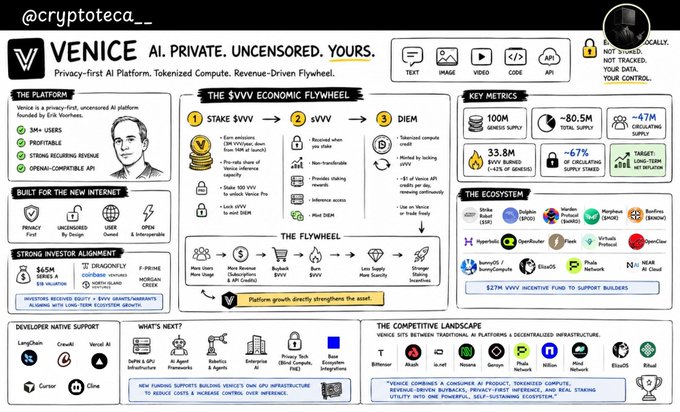 A detailed infographic titled "@cryptoteca_ VENICE AI. PRIVATE. UNCENSORED. YOURS." outlines the privacy-first AI platform founded by Erik Voorhees, featuring its key metrics (100M Genesis Supply, ~80.5M Circulating, ~47M VVV Burned, 33.8M staked), the $VVV economic flywheel, built features for the new internet, a $10M developer revenue equity model, and an ecosystem map including partners like Dolion, Morphcash, and VenomFi.