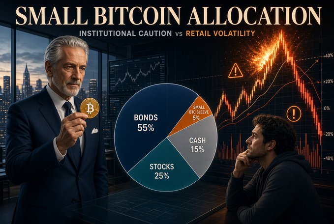 An infographic titled 'SMALL BITCOIN ALLOCATION' showing 'INSTITUTIONAL CAUTION vs RETAIL VOLATILITY,' featuring a suited older man holding a Bitcoin coin on the left, a pie chart with BONDS 55%, STOCKS 25%, CASH 15%, and SMALL BTC 5% in the center, and a younger man looking at volatile Bitcoin price charts on the right.