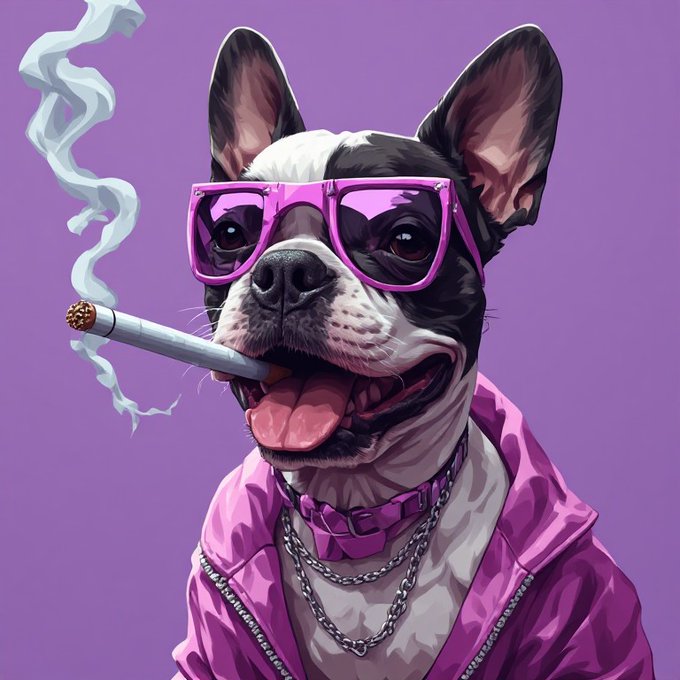 A cool-looking Boston Terrier wearing pink sunglasses, a pink hoodie, and silver chains holds a joint in its mouth while exhaling smoke, fitting the "$SMOKINGFREN" giveaway theme. The dog represents the mascot for the Solana giveaway contest.