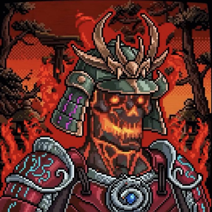A pixel art depiction of a fearsome horned samurai with a glowing fiery skull visage, standing before torii gates and lanterns against a crimson landscape, with the address "1255" glowing on a decorative pauldron. The menacing, dark fantasy aesthetic aligns with the NFT-themed post by @ShiniRealms, evoking the mystical and collectible nature of the artwork.