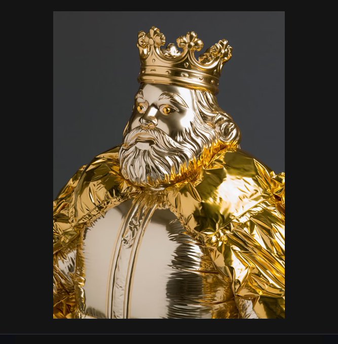 A digitally rendered golden king figurine with a silver bearded face wearing an ornate crown, holding a transparent orb against a dark background, showcasing a luxurious chess piece-like sculpture.