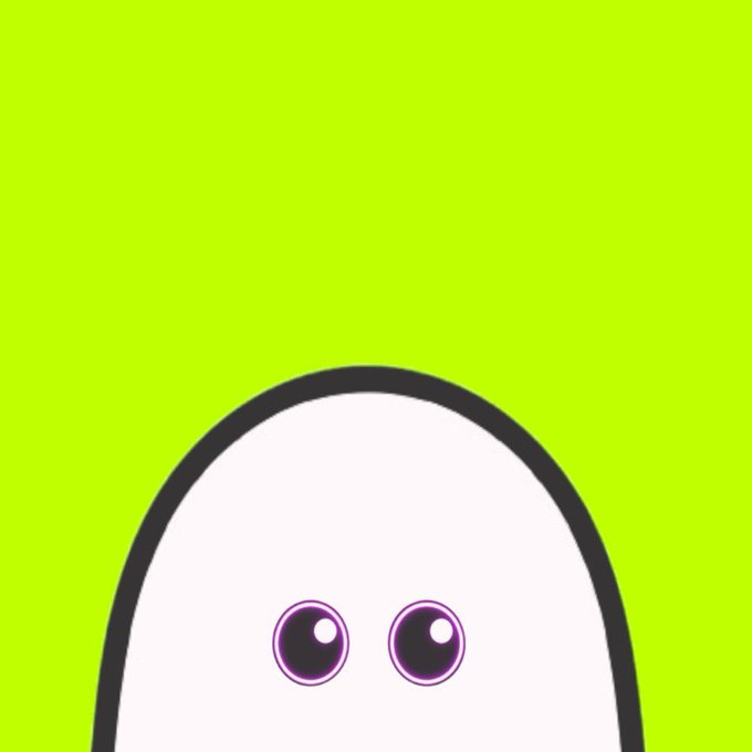 A cartoon ghost character with large purple eyes peeks up from the bottom of a bright green background.