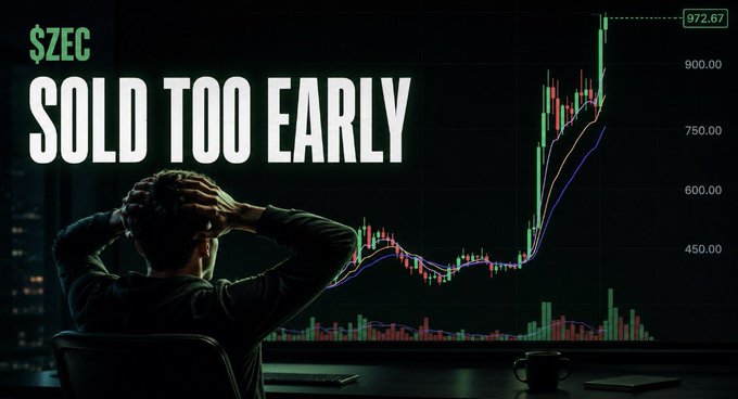 A dejected man holds his head in his hands while staring at a candlestick chart showing $ZEC's parabolic surge to $972.67, perfectly illustrating the post's lament of selling too early and watching the price approach $1,000. The dramatic green candles and the bold "SOLD TOO EARLY" text capture the painful reality of taking profit before an unexpected explosive rally.