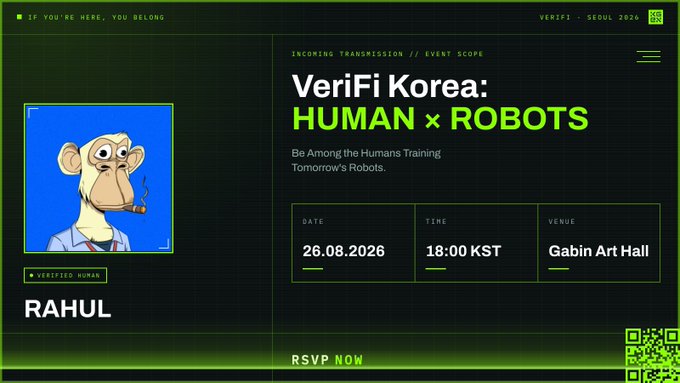 A digital event poster for 'VeriFi Korea: HUMAN x ROBOTS' on 26.08.2026 at 18:00 KST at Gabin Art Hall, featuring a verified human monkey NFT character named RAUL with an RSVP now link and QR code.