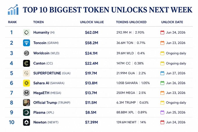 The image displays a table that ranks various crypto projects based on their token unlocks next week, which has $26.1M+ worth of tokens available at the beginning of June. The top 10 highest ranked projects are highlighted with blue squares around them. The remaining tokens will be evenly split between two months, with each month having approximately three quarters (3/4) of the total tokens. Some projects will appear in both quarters as they may have been locked up recently or will be released soon.