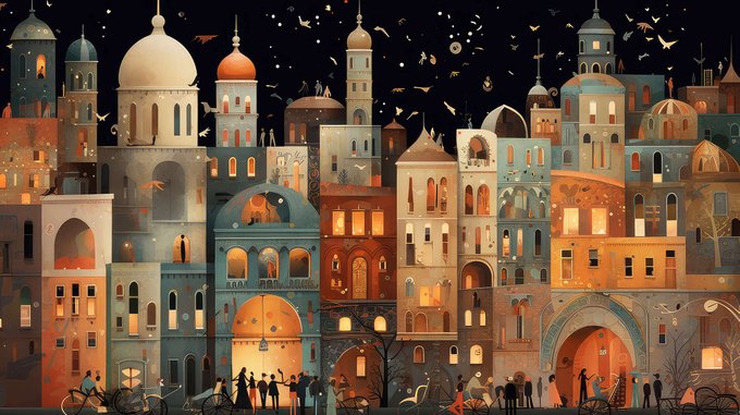An illustrated cityscape of Middle Eastern-style buildings with domes and towers glowing warmly against a starry night sky, with people and bicycles gathered at street level.