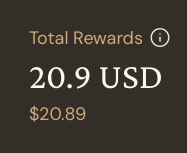 A dark screen displaying 'Total Rewards' of '20.9 USD' or '$20.89' in white and gold text.