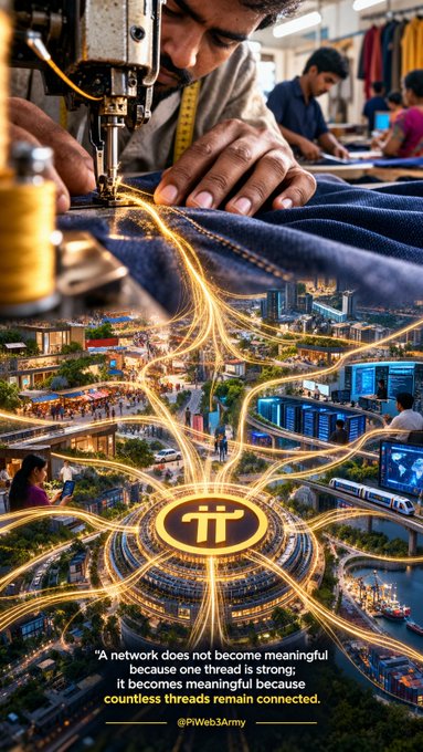 A composite image shows a tailor sewing fabric at the top, transitioning into a glowing interconnected city network below with the Pi cryptocurrency logo at the center and the text "A network does not become meaningful because one thread is strong; it becomes meaningful because countless threads remain connected." credited to @PiWeb3Army.