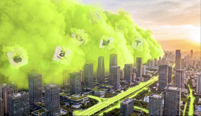 A surreal AI-generated image showing a modern cityscape being overwhelmed by a massive cloud of bright green smoke containing floating tech company logos including Apple, Microsoft, and Tesla.