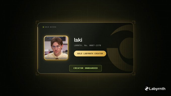 A digital 'GOLD ACCESS' membership card for 'laki' on the Labyrinth platform, displaying his photo, ID number '0087-2378', and the title 'GOLD LABYRTH CREATOR'.