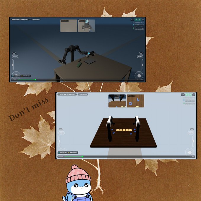 Two screenshots of a robotic arm training simulation interface, with a "Don't miss" overlay and a cartoon character in a pink beanie at the bottom.