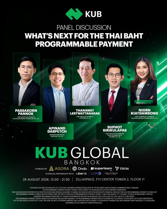 Promotional poster for 'KUB Panel Discussion: What's Next for the Thai Baht Programmable Payment' at KUB Global Bangkok, featuring panelists Passakorn Pannok, Apinand Dabpetch, Thanawat Lertwattanarak, Suphot Sirikulapas, and moderator Niorn Kiatdamrong, dated 28 August 2026.