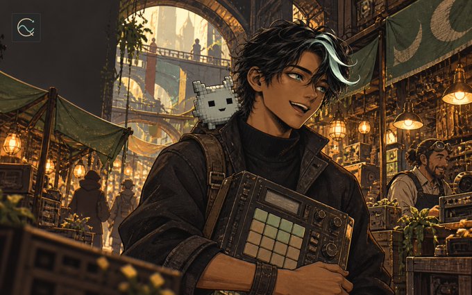 A stylized illustration of a young man with black and teal hair holding a music production device (MPC), accompanied by a floating pixel cat, set in a warm-lit marketplace scene with a 'CC' logo in the corner.