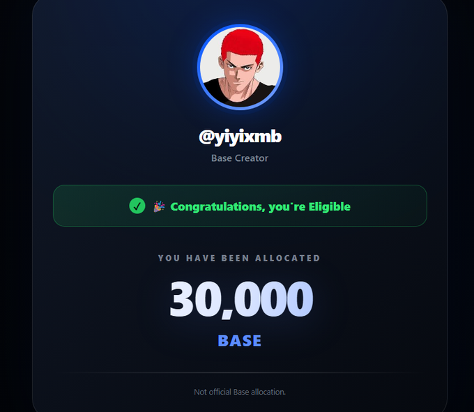 A Base Creator profile card for @yiyixmb showing eligibility and an allocation of 30,000 BASE tokens, with the note 'Not official Base allocation.'