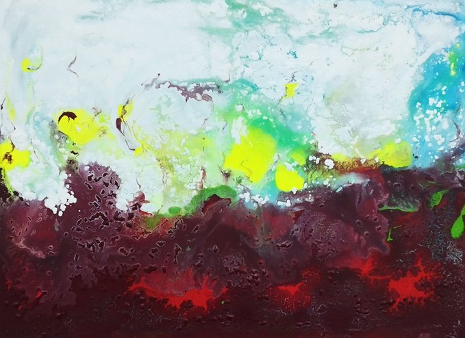 An abstract painting featuring a dark red textured lower portion and a cloudy upper portion with splashes of green, yellow, and blue colors.