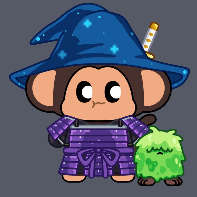 A cartoon illustration of a chibi-style character with a monkey face wearing a large blue wizard hat with stars, purple samurai-style armor, and standing next to a small green slime creature, with a katana tucked behind the hat.