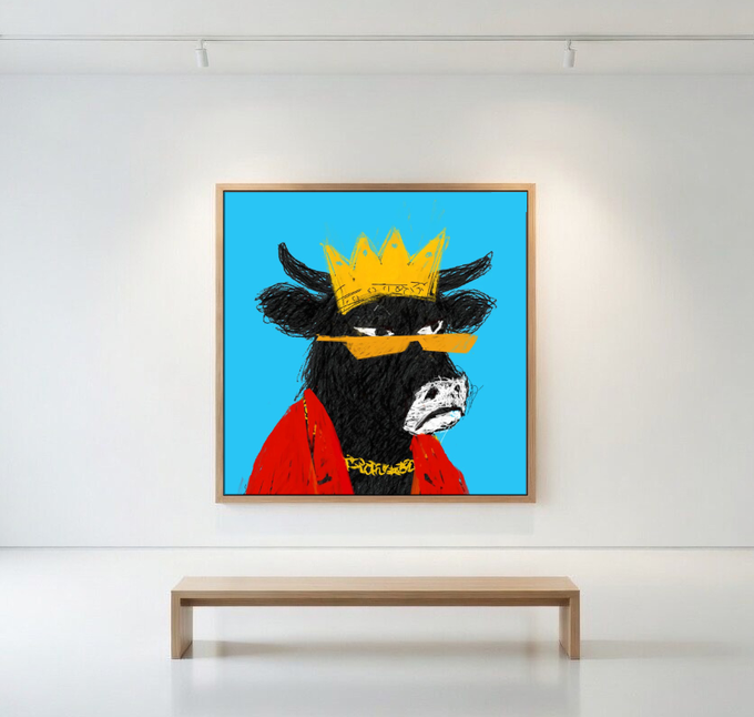 urn of gold and blue paint, a black cow with horns, and a yellow crown are displayed on a white wall.