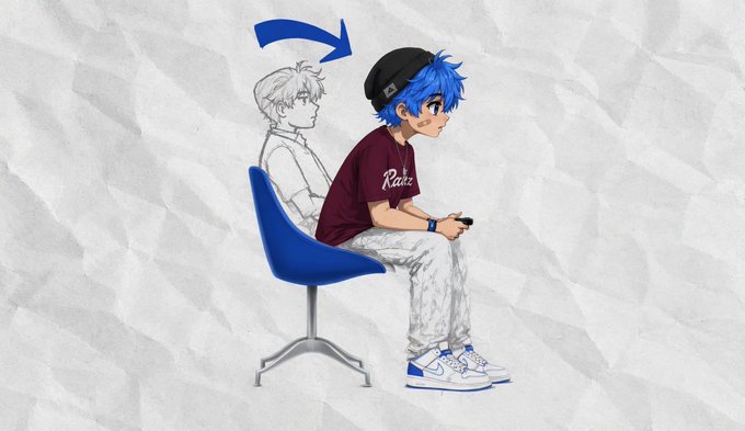 An anime-style illustration of a blue-haired character wearing a black cap and maroon shirt sitting on a blue chair with a faded outline of their previous white-haired appearance behind them, with a blue arrow indicating transformation.