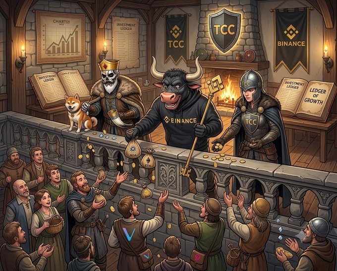 A medieval-style scene depicts Binance and TCC (The Crypto Cartel) figures in royal and warrior attire standing behind a stone balcony, tossing coins and cryptocurrency bags (including DOGE) to a crowd of commoners reaching up eagerly, with banners reading "BINANCE" and "TCC" and ledgers labeled "INVESTMENT LEDGER" and "LEDGER OF GROWTH" displayed around the hall—visually echoing the post's call to build a bullish crypto army through community shilling.
