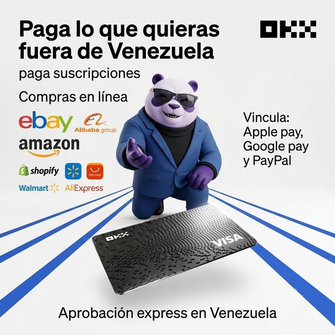 A Spanish-language advertisement for a payment service called 'OKX' (OKX), featuring a panda mascot in a suit, promoting paying for subscriptions and online purchases (eBay, Amazon, Shopify, AliExpress) outside Venezuela with a Visa card.