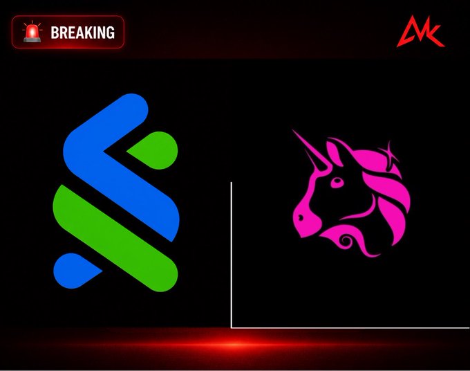 A 'BREAKING' news graphic featuring the logos of Standard Chartered (SC) and Uniswap (UNI) side-by-side against a black and red background.