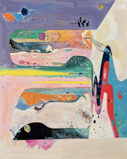 An abstract painting with horizontal bands of pastel colors including pink, green, yellow, and orange, featuring organic shapes and a red splash on the right side with small dot patterns.