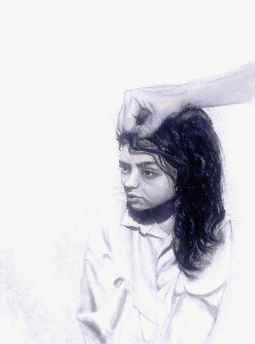 A monochromatic, sketched-style artwork of a young person with long dark hair in a white collared shirt, while an arm reaches in from the upper right to grasp a handful of their hair.