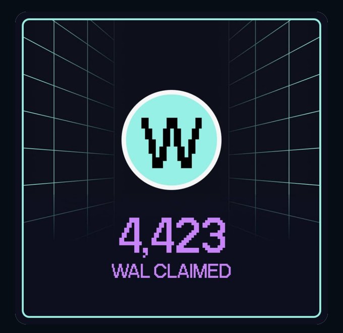 The image is a retro pixel-art graphic featuring a cyan circle with a stylized "W" logo, displaying "4,423 WAL CLAIMED" in purple text on a dark grid background.

This visual supports the post by showcasing a tangible reward from the Walrus Protocol (WAL) airdrop on the Sui Network, with the "4,423 WAL CLAIMED" text highlighting the specific amount the user received as part of their free airdrop experience.