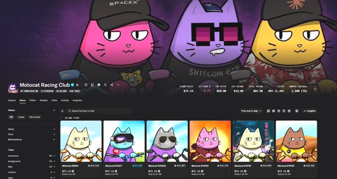 Screenshot of the Motocat Racing Club NFT collection page on Magic Eden, featuring pixel-art cat characters with a SpaceX-themed banner and listings showing floor price of 0.7388 ETH and various traits.