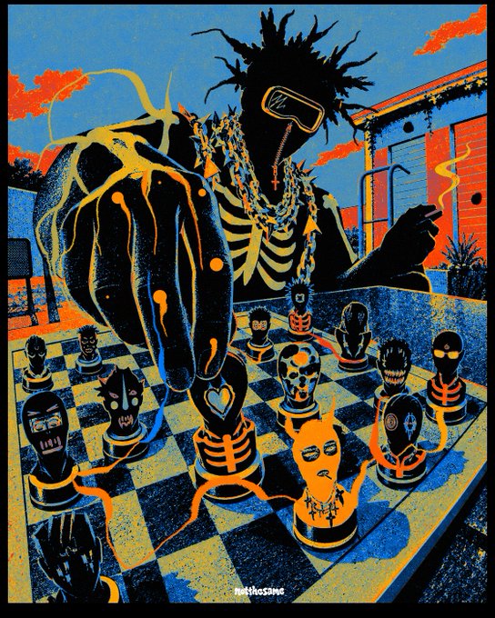 A vibrant illustrated poster depicts a skeletal figure playing chess with stylized skull pieces, with 'SWAT THOSE SCABS' text at the bottom.