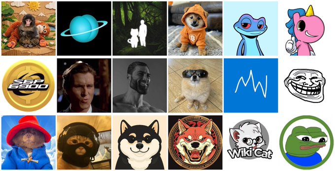 A 3x6 grid displays various meme coin avatars and logos, including a monkey with a rug, a Saturn-like planet, a silhouetted family, a dog in an orange hoodie, a blue alien, a pink unicorn, a "$SOL 6960" coin, a man in a suit, a muscular figure, a dog with sunglasses, an "M" logo, a troll face, a cat in a red hat, a dog in a helmet, a Shiba Inu, a fox mask, "Wiki Cat," and a Pepe frog. The post asks which of twelve listed meme tokens ($punch, $uranus, $dog, $aura, $ufd, $sigma, $mask, $snek, $usduc, $troll, $manyu, $bert) will 10x first, with the grid serving as a visual lineup of competing crypto contenders.