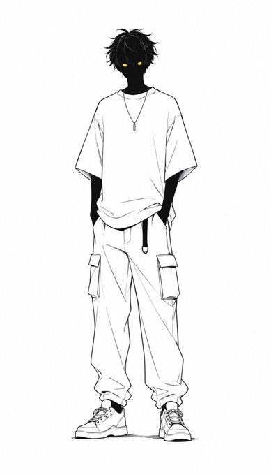 A black-and-white anime-style illustration features a character with glowing yellow eyes, wearing a white t-shirt, cargo pants, and sneakers. The dark, glowing-eyed figure visually contrasts with the cheerful "good friday" tone of the post.