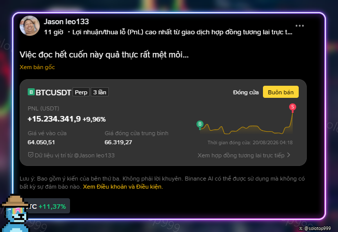 The image shows a Binance post by "Jason leo133" displaying a BTCUSDT perpetual short position closed at 3x leverage, with a realized PNL of +15,234,341.9 USDT (+9.96%), entered at 64,050.51 and closed at an average of 66,319.27 on August 20, 2026—matching the caption's claim of profiting "$15 million" on a Bitcoin short that profited from the price rise visible in the chart.
