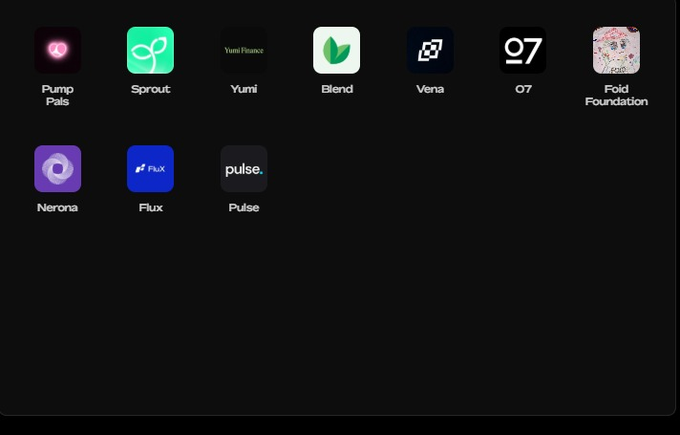A dark-themed app icon showcase displaying 10 application logos including 'Pump Pals', 'Sprout', 'Yumi', 'Blend', 'Vena', '07', 'Fold Foundation', 'Nerona', 'Flux', and 'Pulse'.