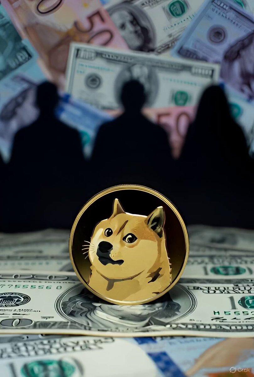 The image features a gold coin with a cartoon dog face on it, sitting atop a pile of US dollar bills. This unusual combination of objects creates an interesting visual juxtaposition between traditional currency and modern digital currency represented by the Dogecoin symbol. The caption above the image reads "Dogecoin is money! $DOGE".