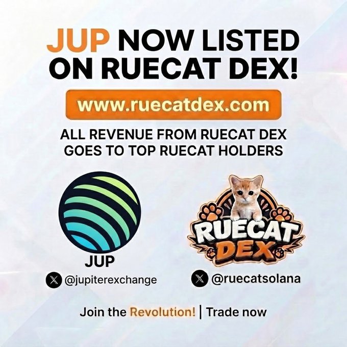 A promotional graphic reading 'JUP NOW LISTED ON RUECAT DEX!' with the website www.ruecatdex.com, featuring the JUP and Ruecat Dex logos and social handles @jupiterexchange and @ruecatsolana.