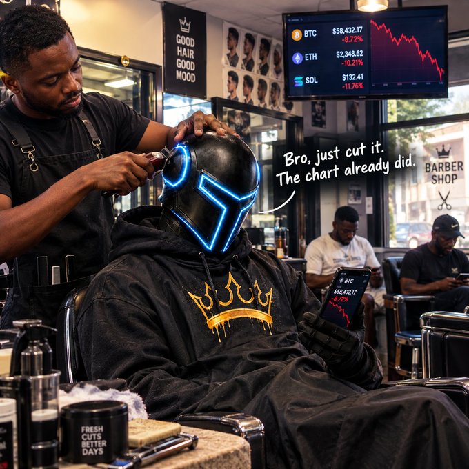A barber in a shop cuts the hair of a customer wearing a glowing blue and black helmet, while a TV in the background displays a crashing crypto chart for BTC, ETH, and SOL, with overlaid text reading "Bro, just cut it. The chart already did."