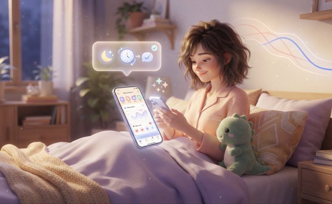 A digital illustration depicts a young woman relaxing in bed at night, looking at her phone with floating UI screens displaying clocks and graphs, accompanied by a small green dinosaur plush toy.