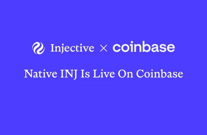 Announcement graphic on purple background showing the Injective and Coinbase logos with the text 'Native INJ Is Live On Coinbase'.