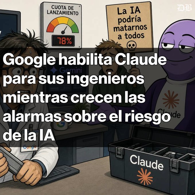 A cartoon-style illustration from 'La Bit' depicting anxious Google/Gemini engineers watching a purple AI figure (Claude) carrying a toolbox, with the headline 'Google habilita Claude para sus ingenieros mientras crecen las alarmas sobre el riesgo de la IA' and visible labels including 'La IA podría matarnos a todos' and 'Cuota de lanzamiento 78%.'
