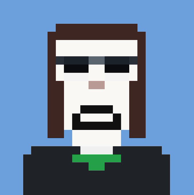 A pixelated portrait of a figure with long brown hair, dark sunglasses, and a green tie appears against a blue background, mocking the high valuation of NFT profile pictures by depicting an unremarkable, low-effort avatar in response to the "$14.6K" price tag.