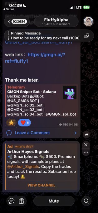 A Telegram screenshot showing a channel called 'FluffyAlpha' with 16,402 subscribers, featuring a pinned message and a promoted GMGN Sniper Bot advertisement.