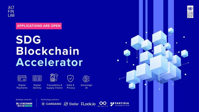 A UNDP AltFin Lab promotional graphic announces applications are open for the SDG Blockchain Accelerator, featuring focus areas including Digital Payments, Digital Identity, Traceability, and Sovereign AI, with strategic and technology partners listed.