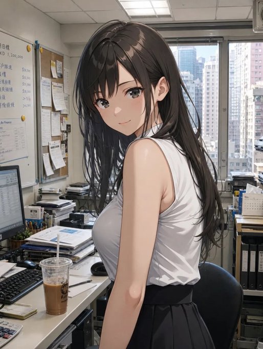 A young woman with long dark hair, wearing a white sleeveless top and black skirt, smiles over her shoulder in an office setting filled with papers, a computer, and a coffee cup, with a busy cityscape visible through the window. The image reinforces the post's message of focused determination and privacy in a fresh workweek, with partially visible financial figures ("1,200,000") suggesting a clear goal-oriented mindset.