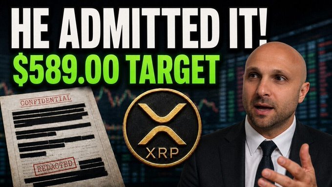 A YouTube thumbnail features a bald man in a suit beside the XRP logo and a redacted document, with bold text reading "HE ADMITTED IT!" and "$589.00 TARGET," visually promoting a video claiming peer-reviewed evidence that massive settlement volume could drive XRP's price dramatically higher.